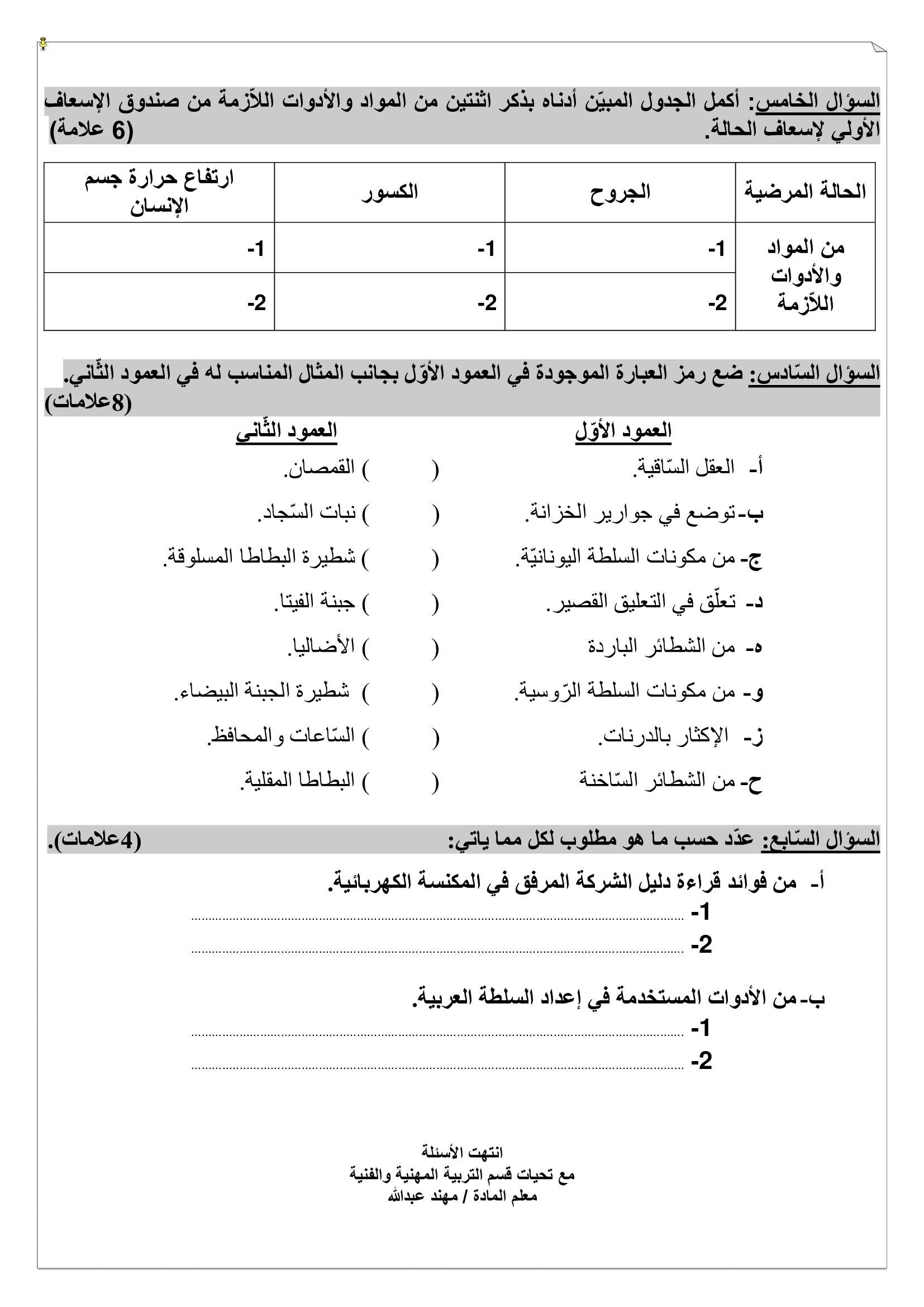 Mzc5MzIxاختبار التربية المهنية نهاية الفصل الدراسي الاول للصف الخامس 2020-2